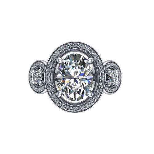 Colette oval three-stone halo engagement ring in 14K White Gold, top-down view showing the oval center halo flanked by two round side halos