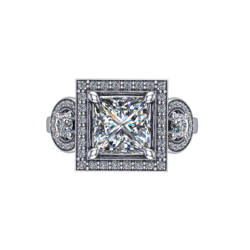 Colette princess-cut three-stone halo engagement ring in Platinum, top-down view showing the princess-cut center halo flanked by two round side halos