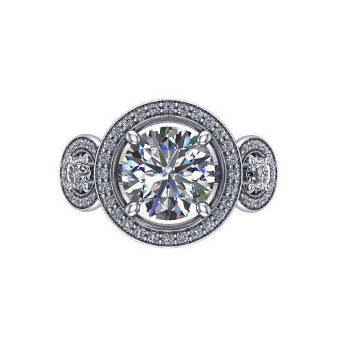 Colette round three-stone halo engagement ring in 18K White Gold, top-down view showing the round center halo flanked by two round side halos