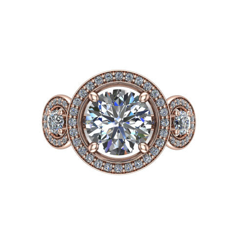 Colette round three-stone halo engagement ring in 14K Rose Gold, top-down view showing the round center halo flanked by two round side halos