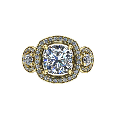 Colette cushion three-stone halo engagement ring in 14K Yellow Gold, top-down view showing the cushion center halo flanked by two round side halos