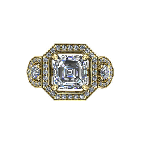 Colette square emerald-cut three-stone halo engagement ring in 18K Yellow Gold, top-down view showing the square emerald-cut center halo flanked by two round side halos