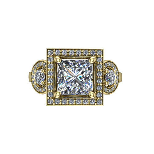 Colette princess-cut three-stone halo engagement ring in 14K Yellow Gold, top-down view showing the princess-cut center halo flanked by two round side halos