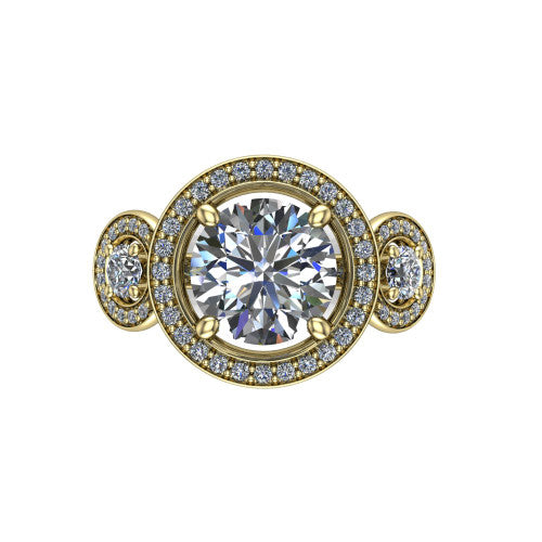 Colette round three-stone halo engagement ring in 18K Yellow Gold, top-down view showing the round center halo flanked by two round side halos