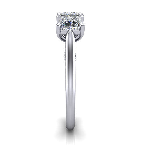 Kora princess-cut three-stone engagement ring in 18K White Gold, side profile showing the pave-set band, scrollwork gallery, and high-polish profile