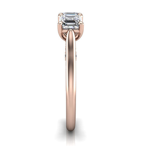 Kora square emerald-cut three-stone engagement ring in 18K Rose Gold, side profile showing the pave-set band, scrollwork gallery, and high-polish profile