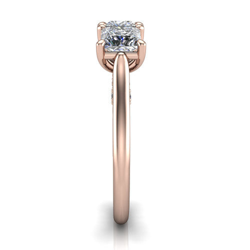 Kora princess-cut three-stone engagement ring in 14K Rose Gold, side profile showing the pave-set band, scrollwork gallery, and high-polish profile
