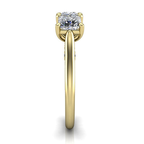 Kora princess-cut three-stone engagement ring in 14K Yellow Gold, side profile showing the pave-set band, scrollwork gallery, and high-polish profile