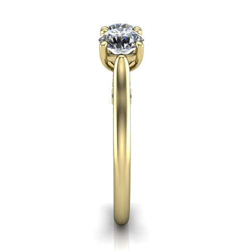 Kora round three-stone engagement ring in 14K Yellow Gold, side profile showing the pave-set band, scrollwork gallery, and high-polish profile