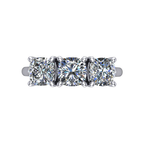 Kora cushion three-stone engagement ring in Platinum, top-down view showing the three matched cushion diamonds set side by side across the band