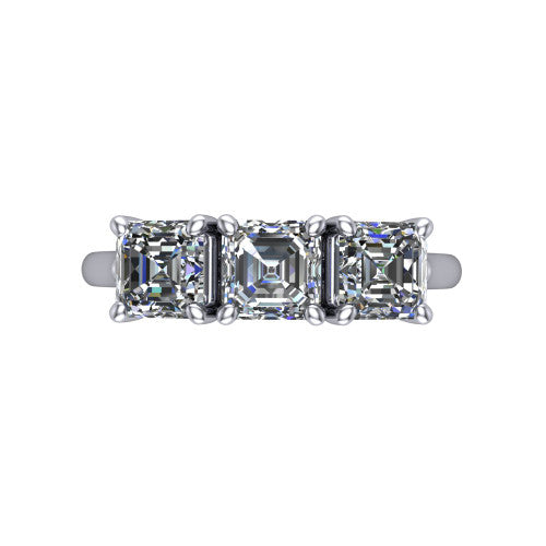 Kora square emerald-cut three-stone engagement ring in 18K White Gold, top-down view showing the three matched square emerald-cut diamonds set side by side across the band