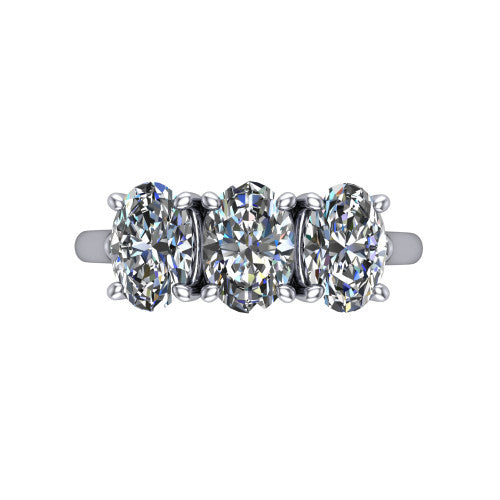 Kora oval three-stone engagement ring in 14K White Gold, top-down view showing the three matched oval diamonds set side by side across the band