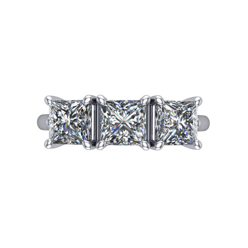 Kora princess-cut three-stone engagement ring in Platinum, top-down view showing the three matched princess-cut diamonds set side by side across the band