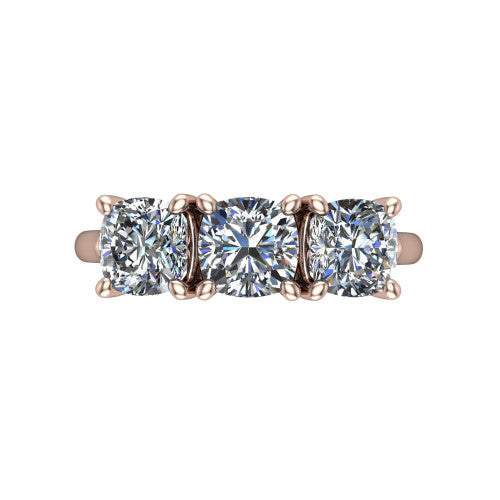 Kora cushion three-stone engagement ring in 14K Rose Gold, top-down view showing the three matched cushion diamonds set side by side across the band
