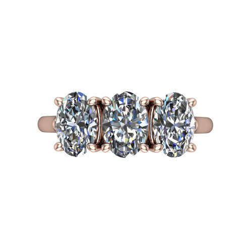 Kora oval three-stone engagement ring in 18K Rose Gold, top-down view showing the three matched oval diamonds set side by side across the band