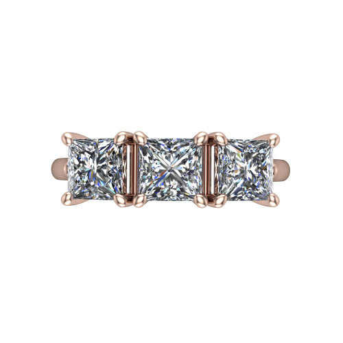 Kora princess-cut three-stone engagement ring in 14K Rose Gold, top-down view showing the three matched princess-cut diamonds set side by side across the band