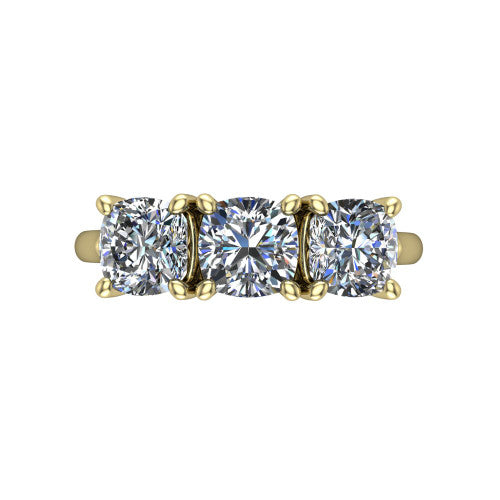 Kora cushion three-stone engagement ring in 18K Yellow Gold, top-down view showing the three matched cushion diamonds set side by side across the band
