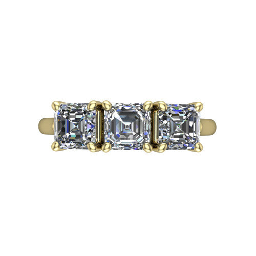 Kora square emerald-cut three-stone engagement ring in 18K Yellow Gold, top-down view showing the three matched square emerald-cut diamonds set side by side across the band