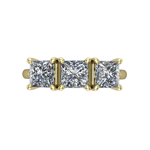 Kora princess-cut three-stone engagement ring in 18K Yellow Gold, top-down view showing the three matched princess-cut diamonds set side by side across the band