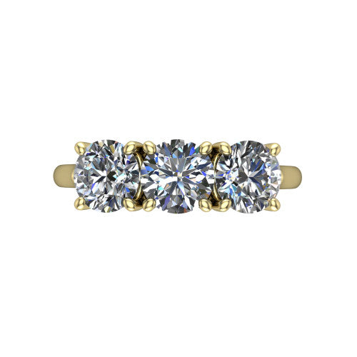 Kora round three-stone engagement ring in 14K Yellow Gold, top-down view showing the three matched round diamonds set side by side across the band