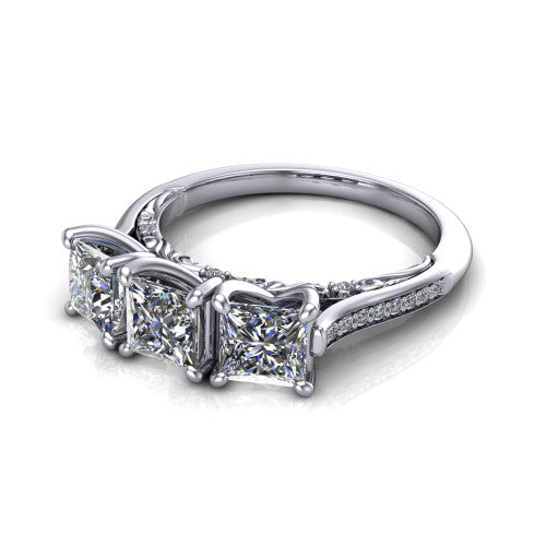 Emory princess-cut three-stone engagement ring in Platinum, three-quarter perspective showing the three matched princess-cut diamonds, pave-set band, and filigree under-gallery