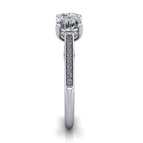 Emory cushion three-stone engagement ring in 14K White Gold, side profile showing the pave-set band, filigree gallery, and high-polish profile
