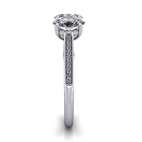 Emory oval three-stone engagement ring in 18K White Gold, side profile showing the pave-set band, filigree gallery, and high-polish profile