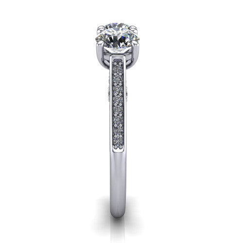 Emory round three-stone engagement ring in Platinum, side profile showing the pave-set band, filigree gallery, and high-polish profile