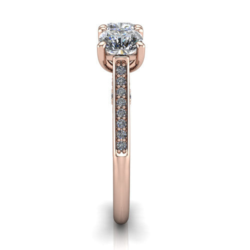 Emory cushion three-stone engagement ring in 14K Rose Gold, side profile showing the pave-set band, filigree gallery, and high-polish profile