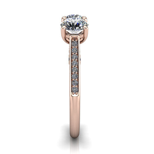 Emory round three-stone engagement ring in 18K Rose Gold, side profile showing the pave-set band, filigree gallery, and high-polish profile