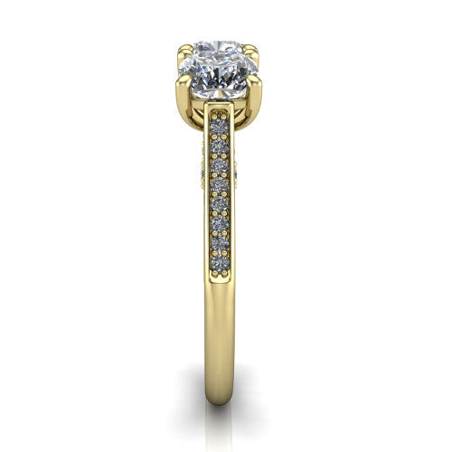 Emory cushion three-stone engagement ring in 18K Yellow Gold, side profile showing the pave-set band, filigree gallery, and high-polish profile