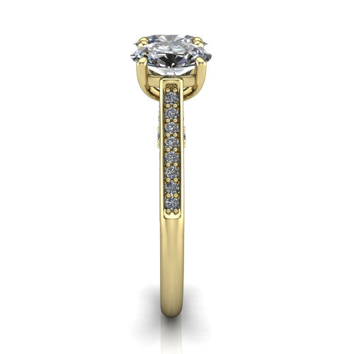 Emory oval three-stone engagement ring in 18K Yellow Gold, side profile showing the pave-set band, filigree gallery, and high-polish profile