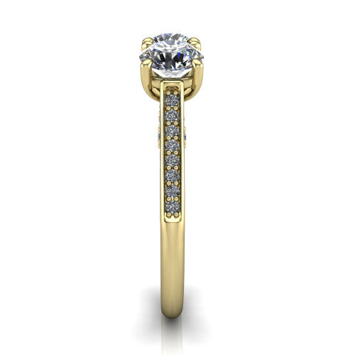 Emory round three-stone engagement ring in 18K Yellow Gold, side profile showing the pave-set band, filigree gallery, and high-polish profile