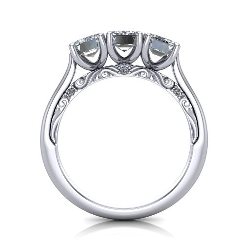 Emory emerald-cut three-stone engagement ring in 18K White Gold, through-finger front profile showing the open filigree under-gallery and pave-set shoulders