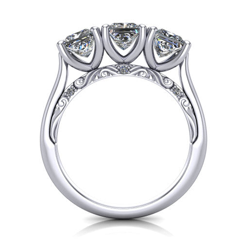 Emory princess-cut three-stone engagement ring in 18K White Gold, through-finger front profile showing the open filigree under-gallery and pave-set shoulders