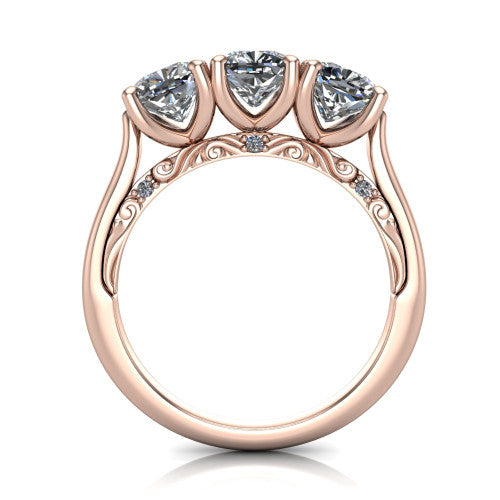 Emory cushion three-stone engagement ring in 18K Rose Gold, through-finger front profile showing the open filigree under-gallery and pave-set shoulders