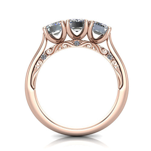 Emory emerald-cut three-stone engagement ring in 18K Rose Gold, through-finger front profile showing the open filigree under-gallery and pave-set shoulders
