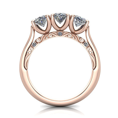 Emory oval three-stone engagement ring in 18K Rose Gold, through-finger front profile showing the open filigree under-gallery and pave-set shoulders
