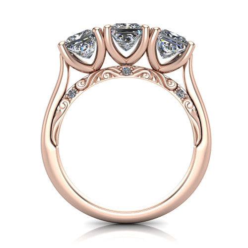 Emory princess-cut three-stone engagement ring in 18K Rose Gold, through-finger front profile showing the open filigree under-gallery and pave-set shoulders