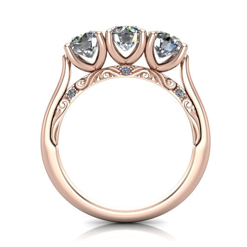 Emory round three-stone engagement ring in 18K Rose Gold, through-finger front profile showing the open filigree under-gallery and pave-set shoulders