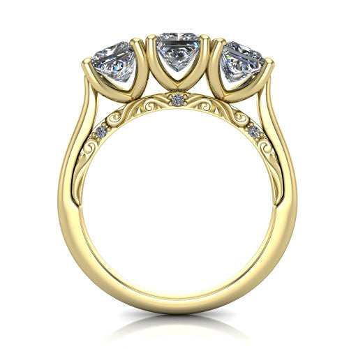Emory princess-cut three-stone engagement ring in 14K Yellow Gold, through-finger front profile showing the open filigree under-gallery and pave-set shoulders