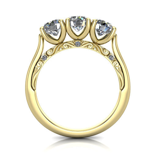 Emory round three-stone engagement ring in 18K Yellow Gold, through-finger front profile showing the open filigree under-gallery and pave-set shoulders