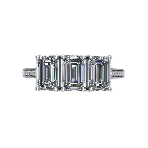 Emory emerald-cut three-stone engagement ring in Platinum, top-down view showing the three matched emerald-cut diamonds set side by side across the band