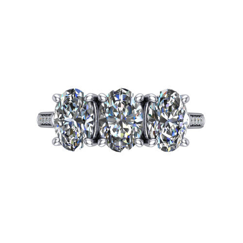 Emory oval three-stone engagement ring in Platinum, top-down view showing the three matched oval diamonds set side by side across the band