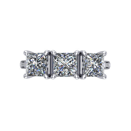Emory princess-cut three-stone engagement ring in 14K White Gold, top-down view showing the three matched princess-cut diamonds set side by side across the band