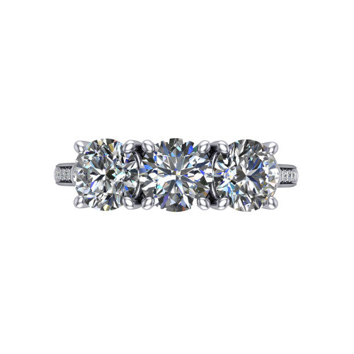 Emory round three-stone engagement ring in 18K White Gold, top-down view showing the three matched round diamonds set side by side across the band