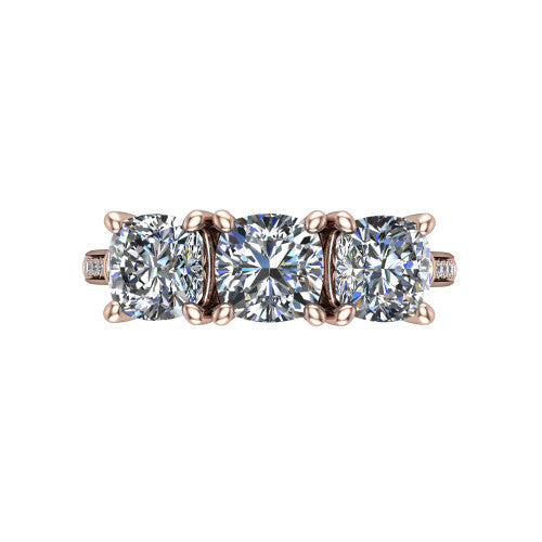 Emory cushion three-stone engagement ring in 14K Rose Gold, top-down view showing the three matched cushion diamonds set side by side across the band