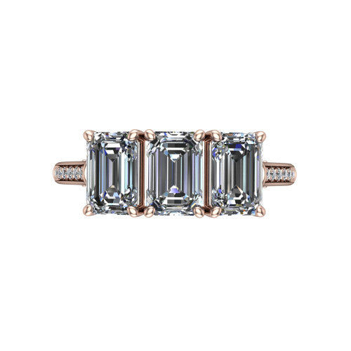 Emory emerald-cut three-stone engagement ring in 14K Rose Gold, top-down view showing the three matched emerald-cut diamonds set side by side across the band