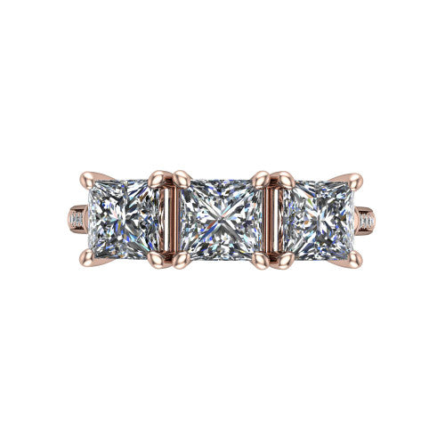 Emory princess-cut three-stone engagement ring in 14K Rose Gold, top-down view showing the three matched princess-cut diamonds set side by side across the band