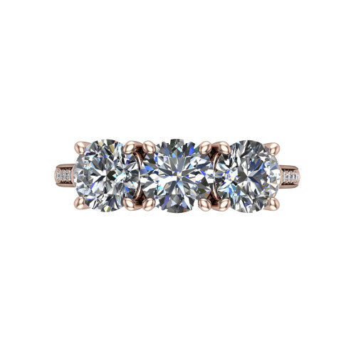Emory round three-stone engagement ring in 18K Rose Gold, top-down view showing the three matched round diamonds set side by side across the band